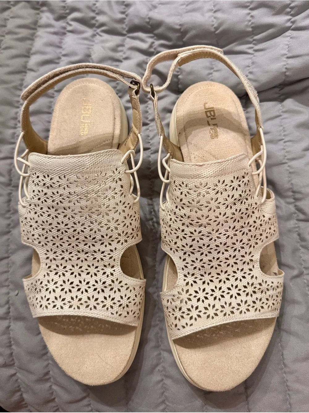 JBU Women's Beige Laser-Cut Slingback Sandals